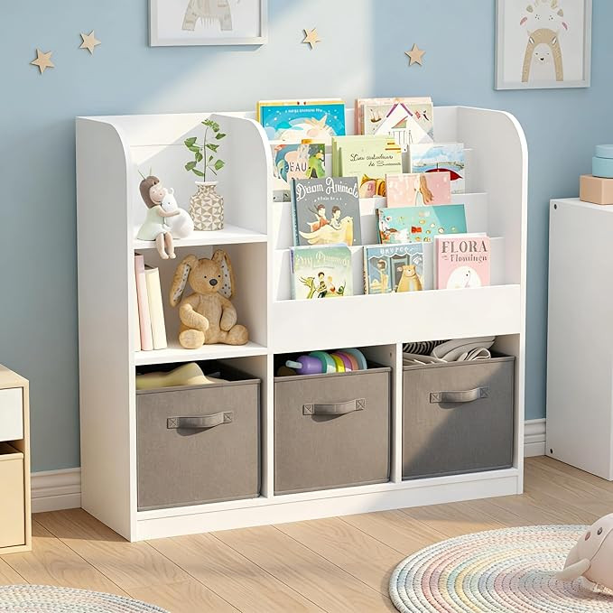 Kids Bookshelf, Wooden Kids Bookcase with 3 Storage Bins for Toy Storage, 4-Tier Shelf for Books ... | Amazon (US)