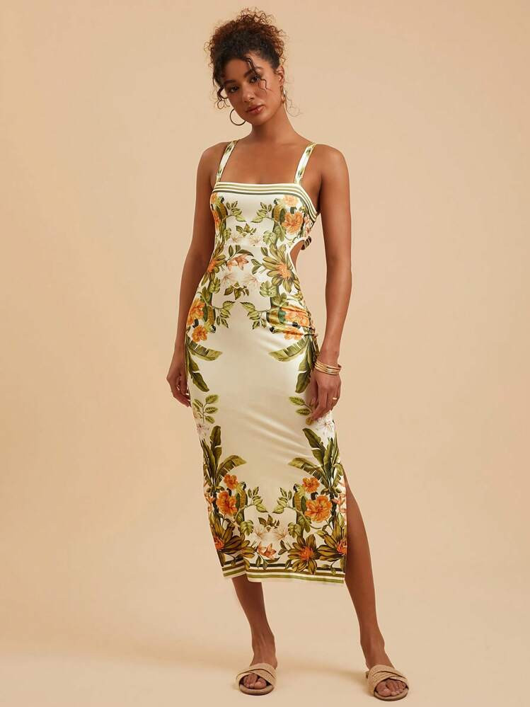 Travachic Women's Floral Print Backless Sleeveless Dress, Vacation Style,Summer Outfits For Women, Suitable For Holiday , Afternoon Tea, Wedding Season, Beach Cruise Vacation, City Road Trip Vacation, Boho Vacation, Music Festival , Beachwear, Easter, Beach Outfits For Woman, Elegant Dress For Women, Vacation Outfits Women, Concert Outfit Women, Tropical Vacation Woman Clothes, Holiday Outfits, Bohemian Clothes,For Spring Sunmmer And Autumn | SHEIN