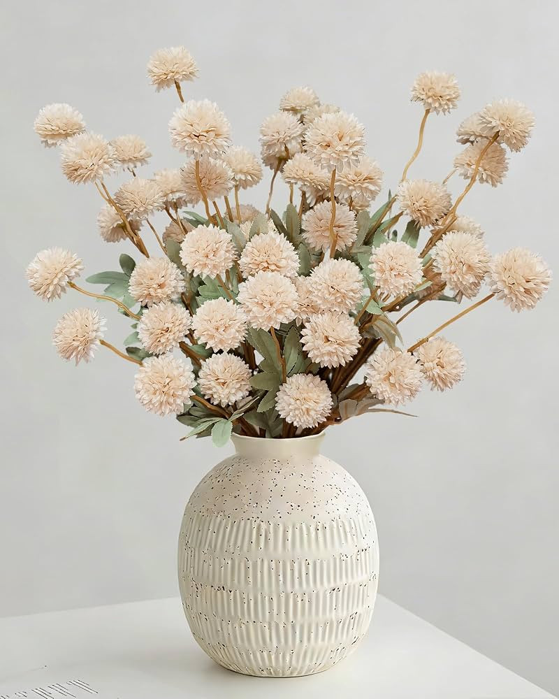 Beige Faux Silk Mums Artificial Flowers, 8Pcs Fall Fake Kiku Small Mini Chrysanthemum Pom Pom Ste... | Amazon (US)