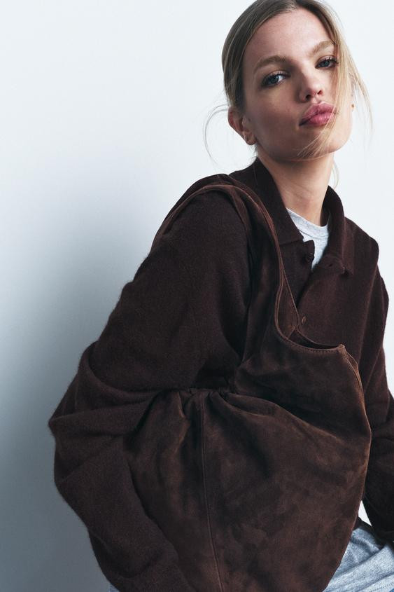 RUCHED SPLIT LEATHER BUCKET BAG | Zara US