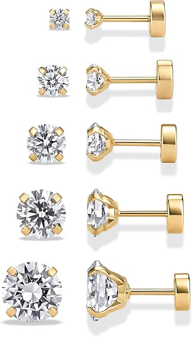 PAVOI Waterproof CZ Stud Earrings for Women, 14K Gold Plated Set of 5 Studs | Amazon (US)
