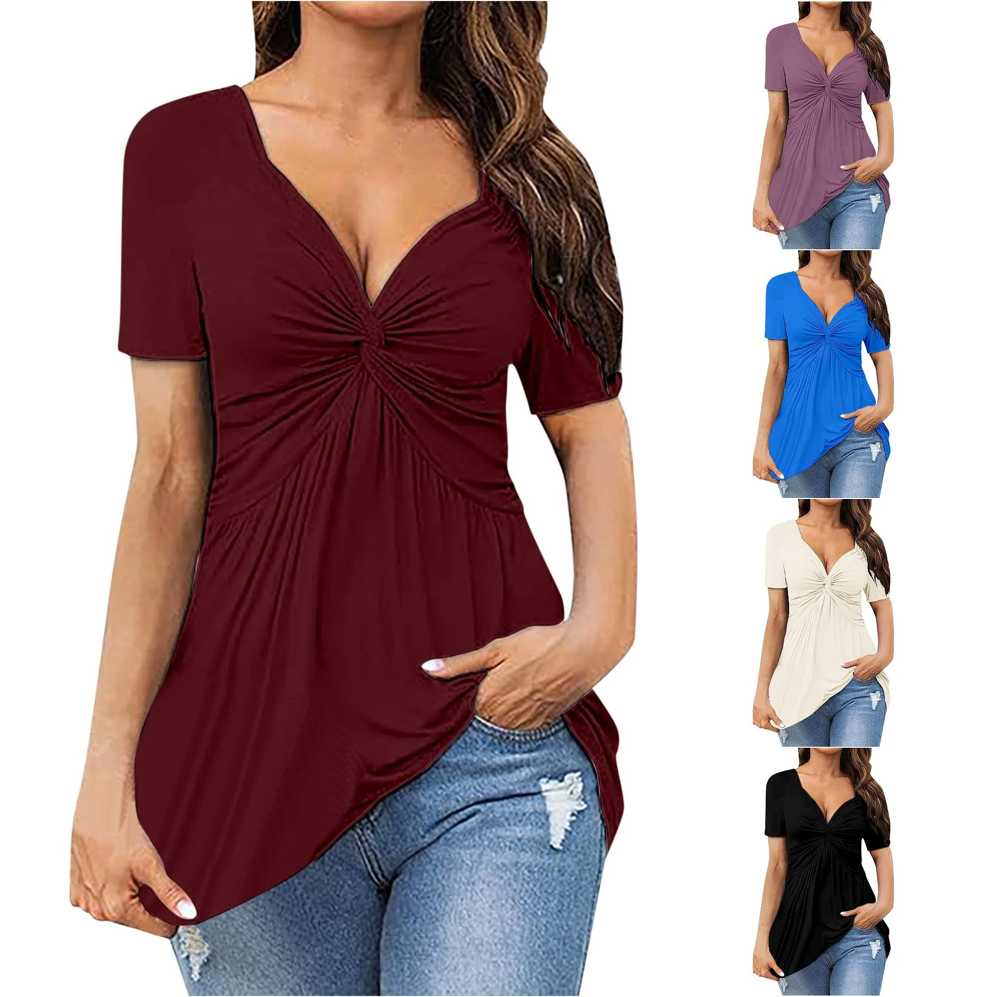 Tanghaowl Womens T Shirts, Womens Front Knotted V Neck Blouse T Shirt Short Sleeve Oversized Tuni... | Walmart (US)