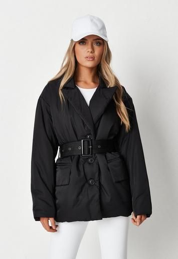 Black Collared Belted Puffer Jacket | Missguided (UK & IE)