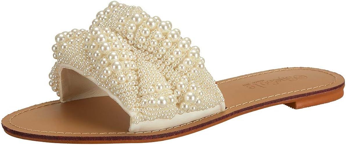 SheSole Womens Dressy Flat Sandals with Pearls Slip on Summer Beach Wedding Bridal Shoes | Amazon (US)