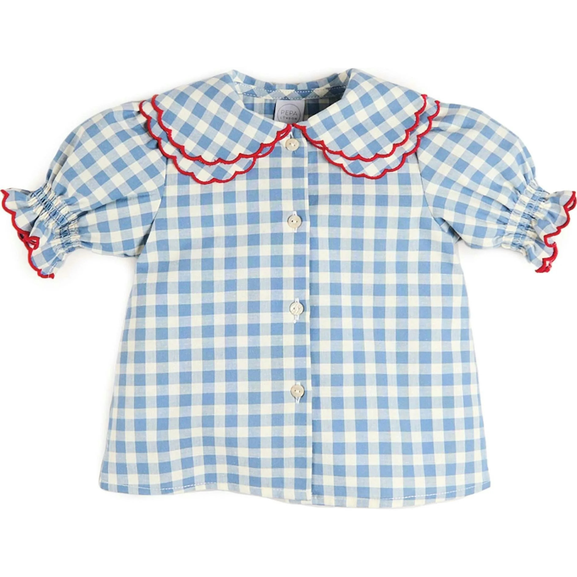 Darby Gingham Scallop Layered Collar Short Sleeve Blouse in Blue (18mt | Maisonette