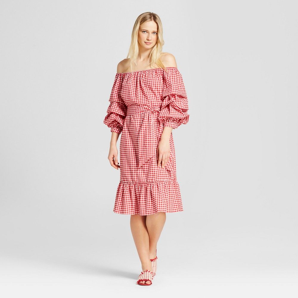 Women's Pick Up Sleeve Bardot Dress - Who What Wear Red Gingham M | Target