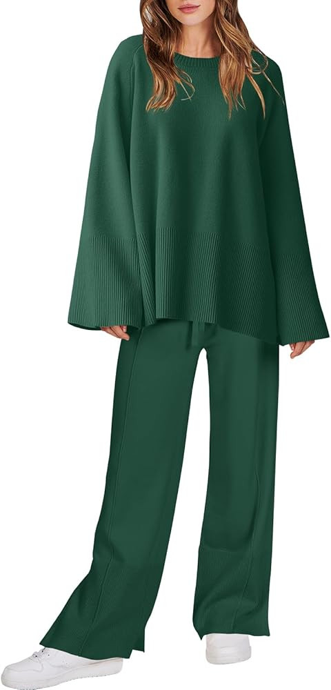 ANRABESS Women 2 Piece Outfits Sweatsuit Oversized Knit Pullover and Drawstring Wide Leg Pants Sw... | Amazon (US)