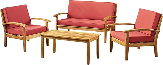 Christopher Knight Home Peyton Outdoor Wooden Chat Set with Cushions, 4-Pcs Set, Teak Finish / Re... | Amazon (US)