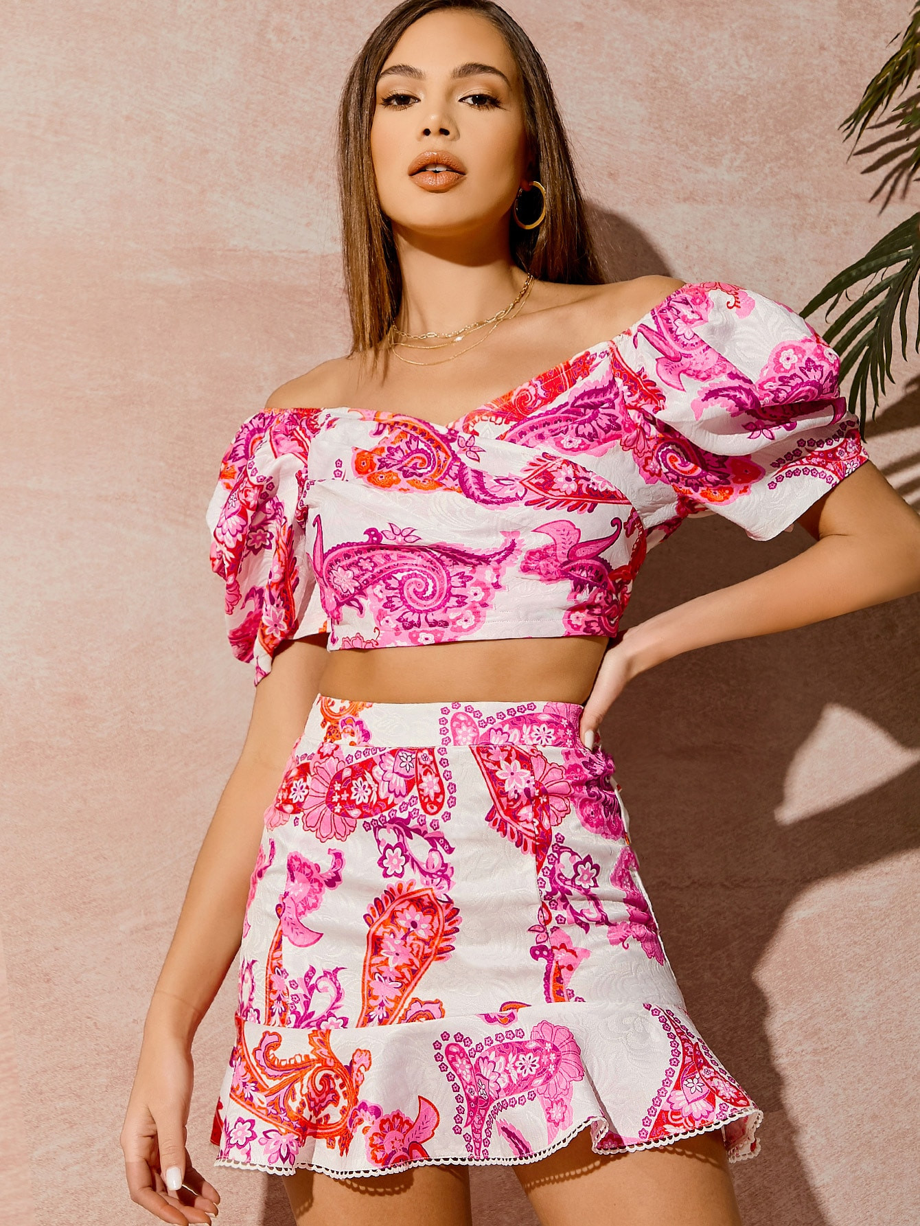 SHEIN WYWH Off Shoulder Jacquard Top & Ruffle Hem Skirt Set | SHEIN