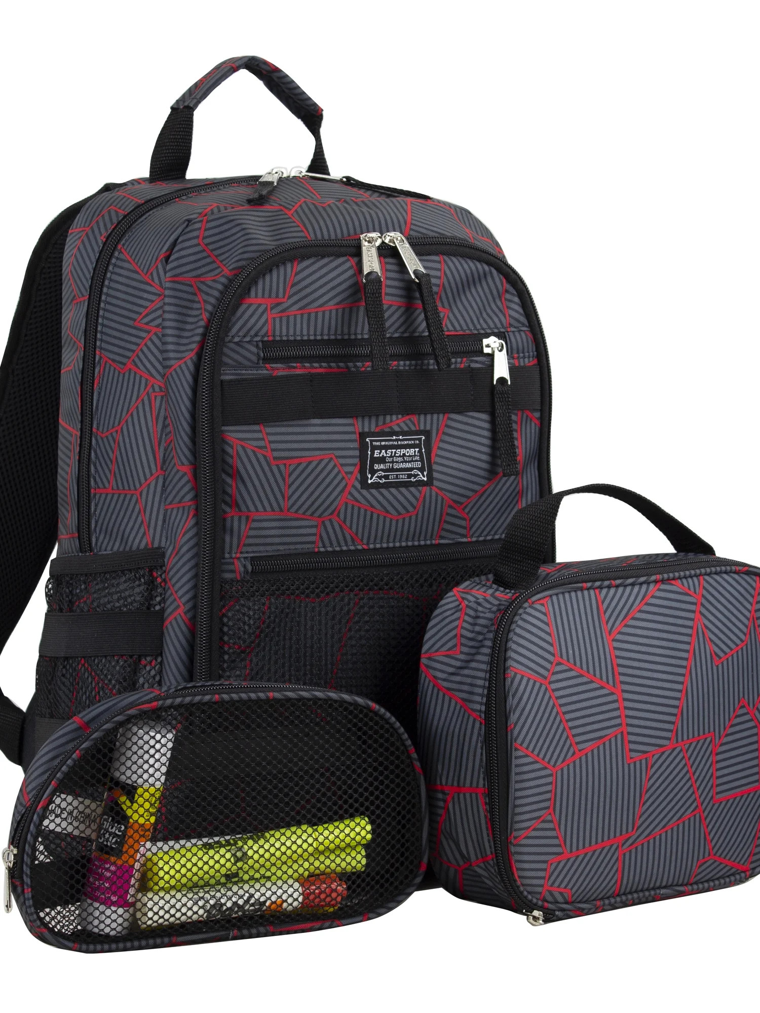 Eastsport Unisex 3-Piece Combo Backpack with Lunch Box and Pouch, Gray Red Cracks | Walmart (US)