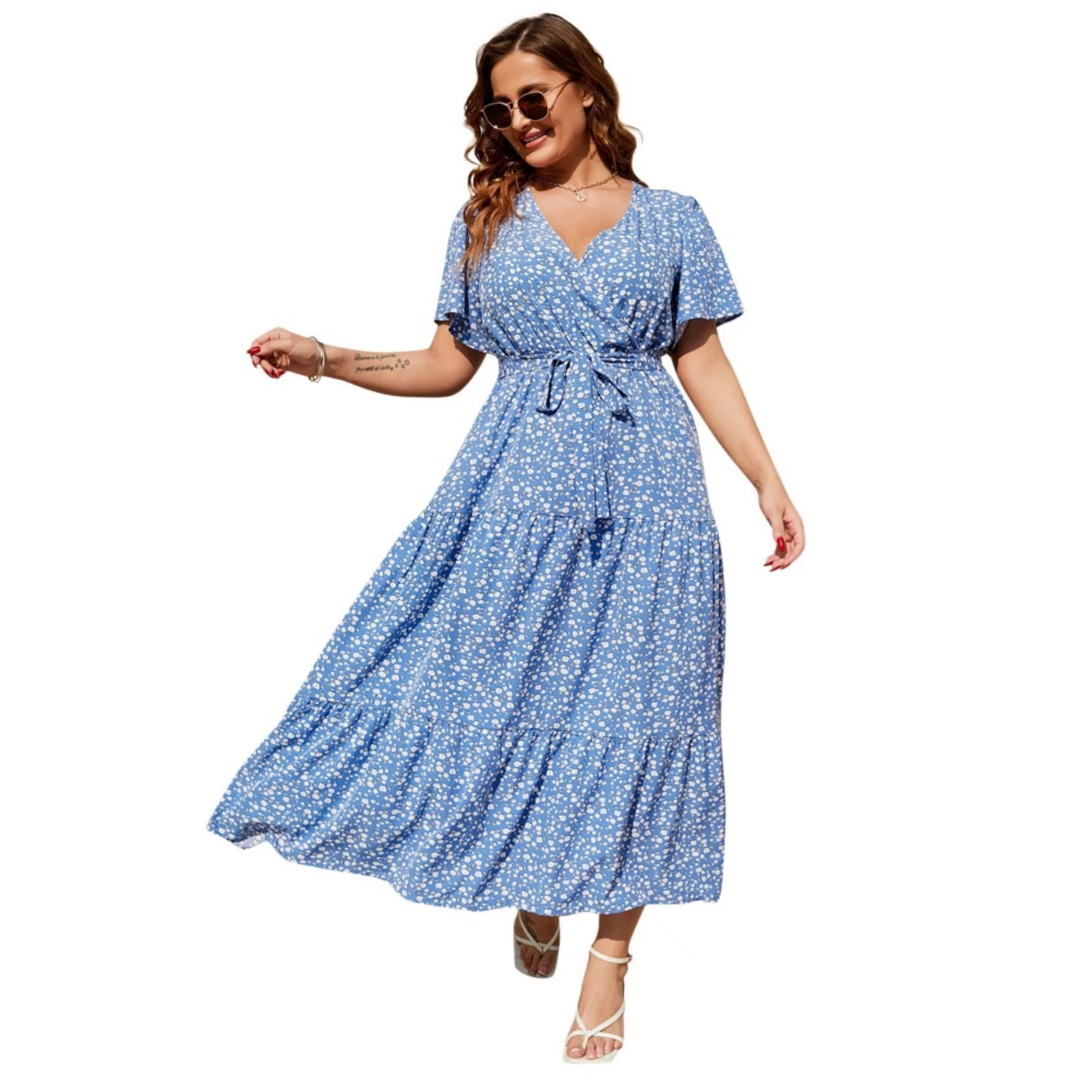 Plus Size Women Dress Maxi Floral Tiered Waist Tie Dresses Short Sleeve V Neck Summer Causal Dres... | Kohl's
