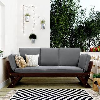 Brown Wood Outdoor Day Bed Sofa with Gray Cushions | The Home Depot