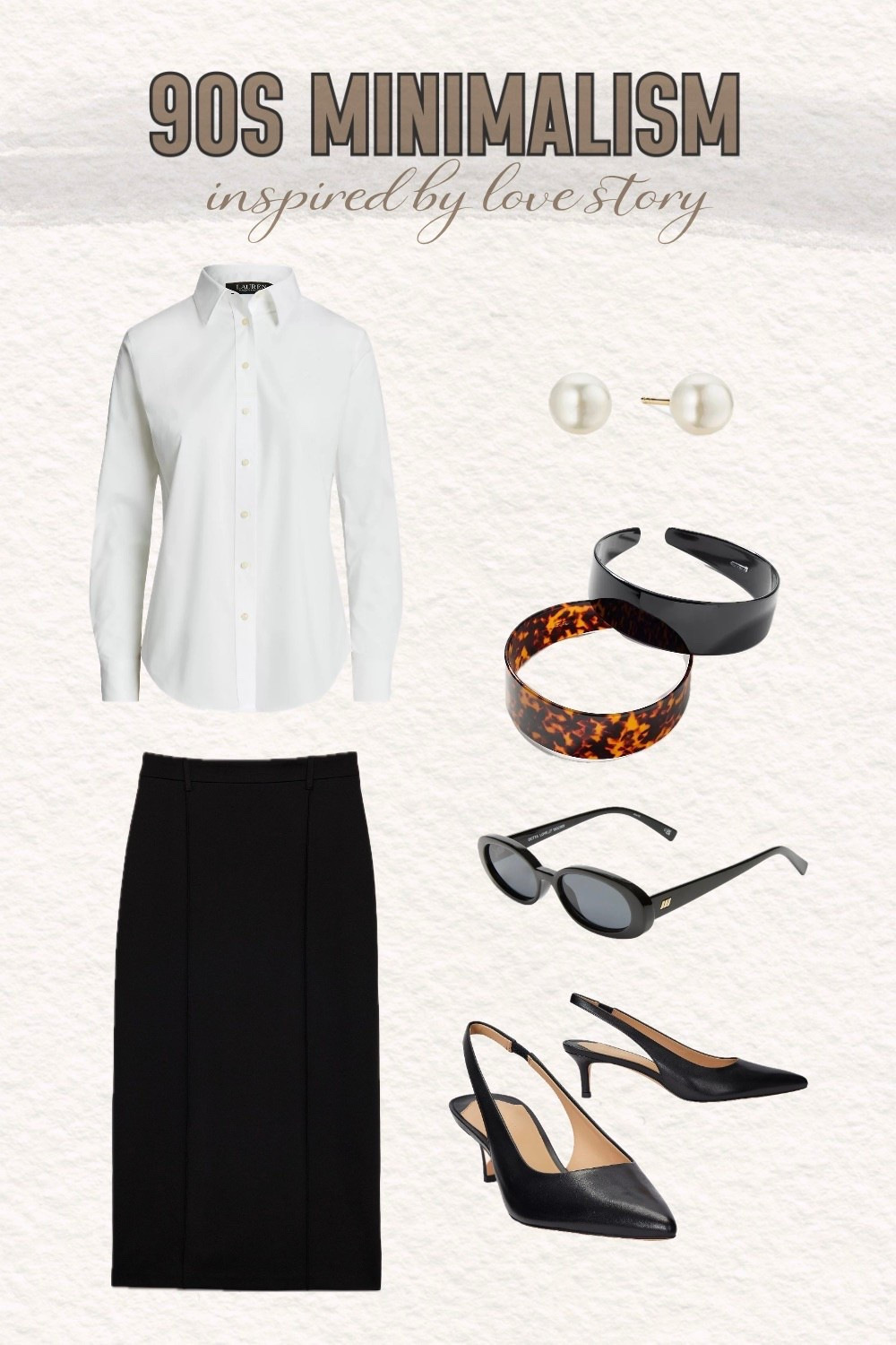 Channel timeless 90s minimalism with this polished fashion edit inspired by the clean, sophisticated aesthetic of the era. This collage focuses on elegant, wardrobe-building staples that come together for a look that's equal parts professional and effortlessly chic.

Start with a classic white button-down shirt—it's the ultimate foundation piece. Tuck it into a sleek black pencil skirt for that iconic 90s silhouette that's both structured and flattering. Add a pair of slingback heels to instantly elevate the look with a touch of refinement. Accessories are everything when it comes to this aesthetic: a classic headband adds preppy polish, while timeless pearl earrings bring a soft, feminine finish. Complete the outfit with a pair of oval sunglasses for that cool, understated vibe that defined the decade.

This outfit is sophisticated, intentional, and endlessly versatile—perfect for the office, dinner dates, or any time you want to feel incredibly put-together. Shop this entire 90s-inspired minimalist look. 

#LTKWorkwear #LTKstorytime #LTKootd