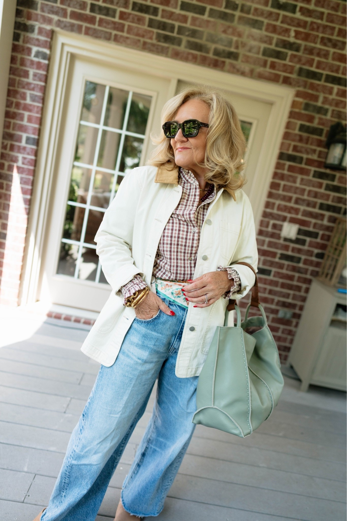 Details on this outfit that’s casual but so right. 
Jacket is lightweight. Size medium 
Plaid blouse medium 
Jeans are barrel size 29 and I love the loose fit , I’ll link some less expensive options but love love these

#LTKOver40 #LTKPetite #LTKootd
