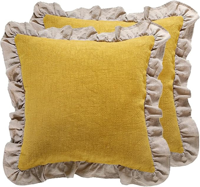 patdrea Shabby Chic Yellow Decorative Throw Pillow Covers 18x18 Set of 2,Farmhouse Linen Pillow C... | Amazon (US)