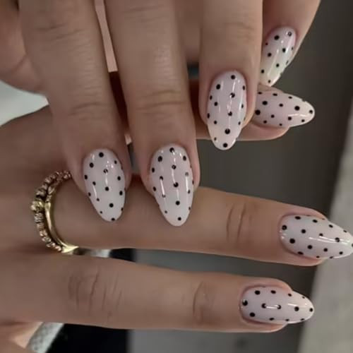 Medium Almond Press on Nails Polka Dot Nails Press Ons White Fake Nails Black Dot Design Stick on Nails Full Cover Acrylic Glue On Nails for Women Nails Art Decoration 24Pcs | Amazon (US)