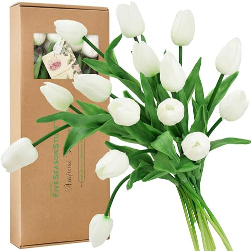 Real Touch Tulips Artificial Flowers – 15 Stems Faux Tulip Bouquet in Gift Box for Wedding, Home Decor, Party, Floral Arrangements (Cheerful White) | Amazon (US)