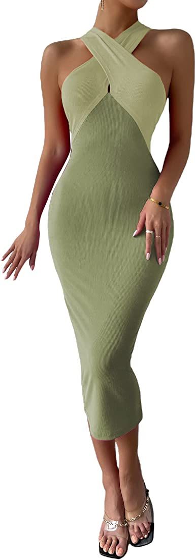 WDIRARA Women's Deep V Neck Cut Out Split Side Backless Midi Bodycon Halter Dress | Amazon (US)