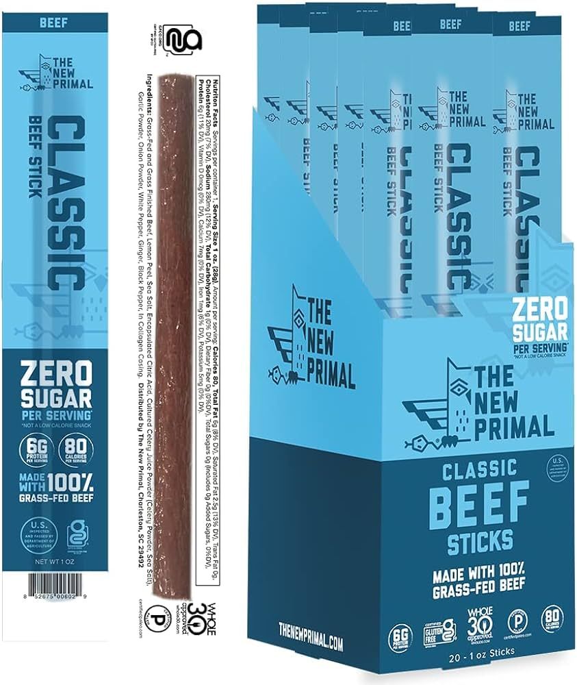 The New Primal Grass-Fed Meat Sticks, No Sugar, Keto, Whole30, Paleo, Gluten Free, 6g Protein, 80... | Amazon (US)
