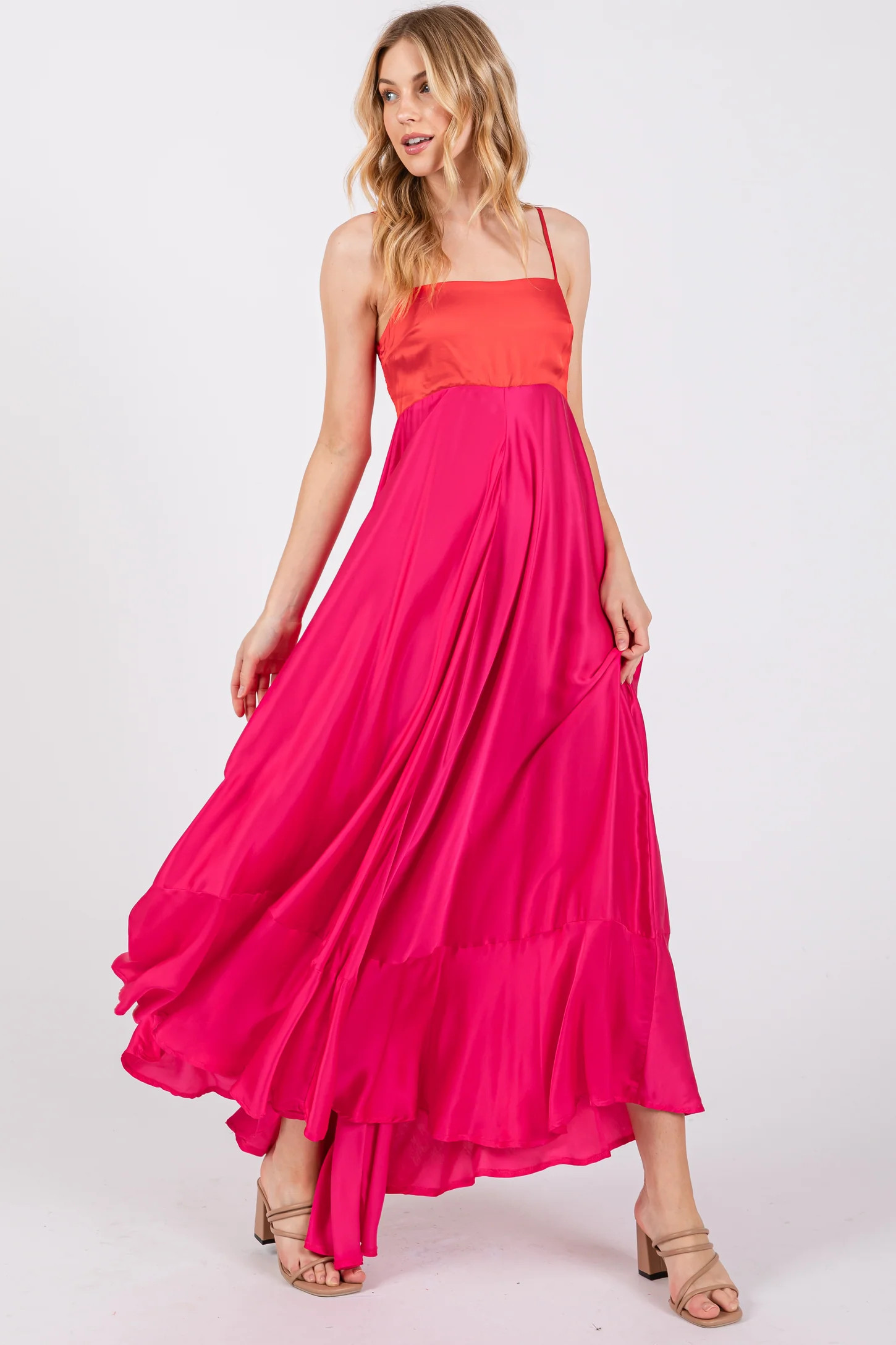 Fuchsia Colorblock Sleeveless Satin Dress | PinkBlush Maternity