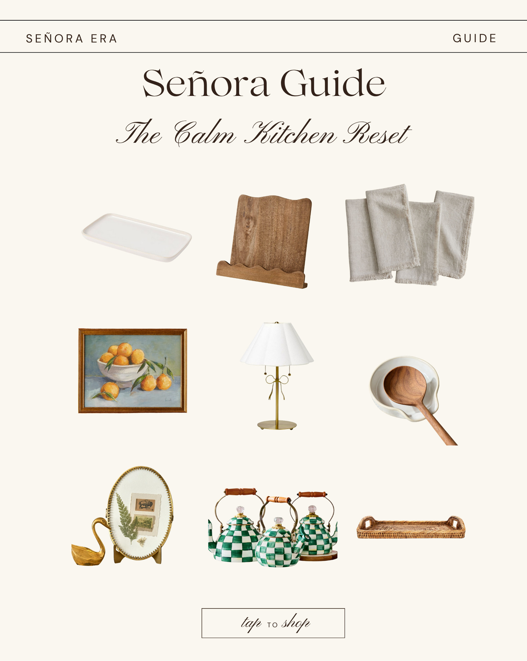 A calm kitchen doesn’t start with a remodel — it starts with the details.
The daily tray for olive oil, the scalloped cookbook stand, the soft linen napkins that turn cleanup into ritual.
These are the small, beautiful objects that make home feel intentional again. 

#SenoraEra #CalmKitchenReset #SeñoraGuide #SeñoraStyle #CalmLiving #EverydayRituals #HomeWithIntention #WarmMinimalism #NeutralHomeDecor #ModernTradition #KitchenInspo #StudioMcGeeStyle #LTKHome #LTKUnderstated #LTKFinds #HomeAesthetic #CalmSpaces #IntentionalLiving #MindfulHome #CozyHomeVibes #UnderstatedLuxury #DesignWithPurpose 

 