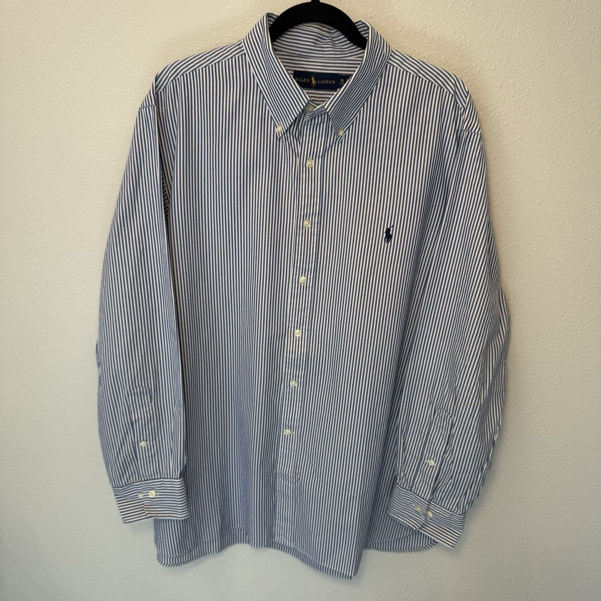 Ralph Lauren Mens Sz 18 34/35 Button Down Shirt Blue White Stripes Dress Shirt | eBay US