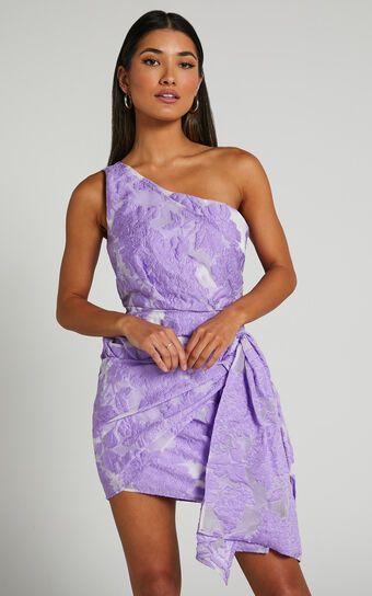 Brailey Mini Dress - One Shoulder Wrap Front Dress in Purple Jacquard | Showpo (US, UK & Europe)