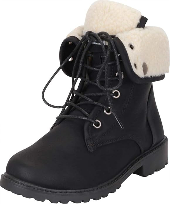 Cambridge Select Women's Lace-Up Foldover Cuff Faux Shearling Lined Lug Sole Ankle Boot | Amazon (US)