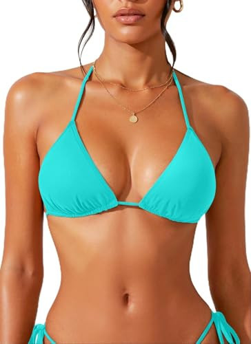 Tempt Me Women Teal Triangle Bikini Top - Adjustable String Halter Swimsuit Sexy Push Up Bathing Suit Top Only M | Amazon (US)