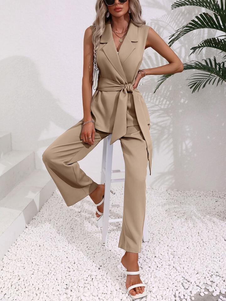 Colete blazer sólido com cinto & calças | SHEIN