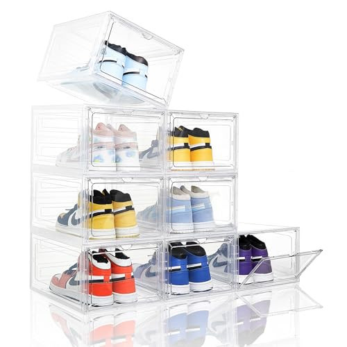 Clear Shoe Box, Plastic Stackable Shoe Storage Organizer with Magnetic Door,Thicken & Sturdy Drop Front Shoe Box,For Display Sneakers,Easy Assembly 8 Pack White | Amazon (US)