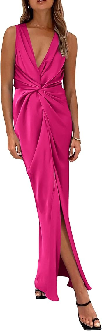 PRETTYGARDEN Women's Satin Ruched Bodycon Dress Summer 2023 Twist Front V Neck Sleeveless Split Maxi | Amazon (US)