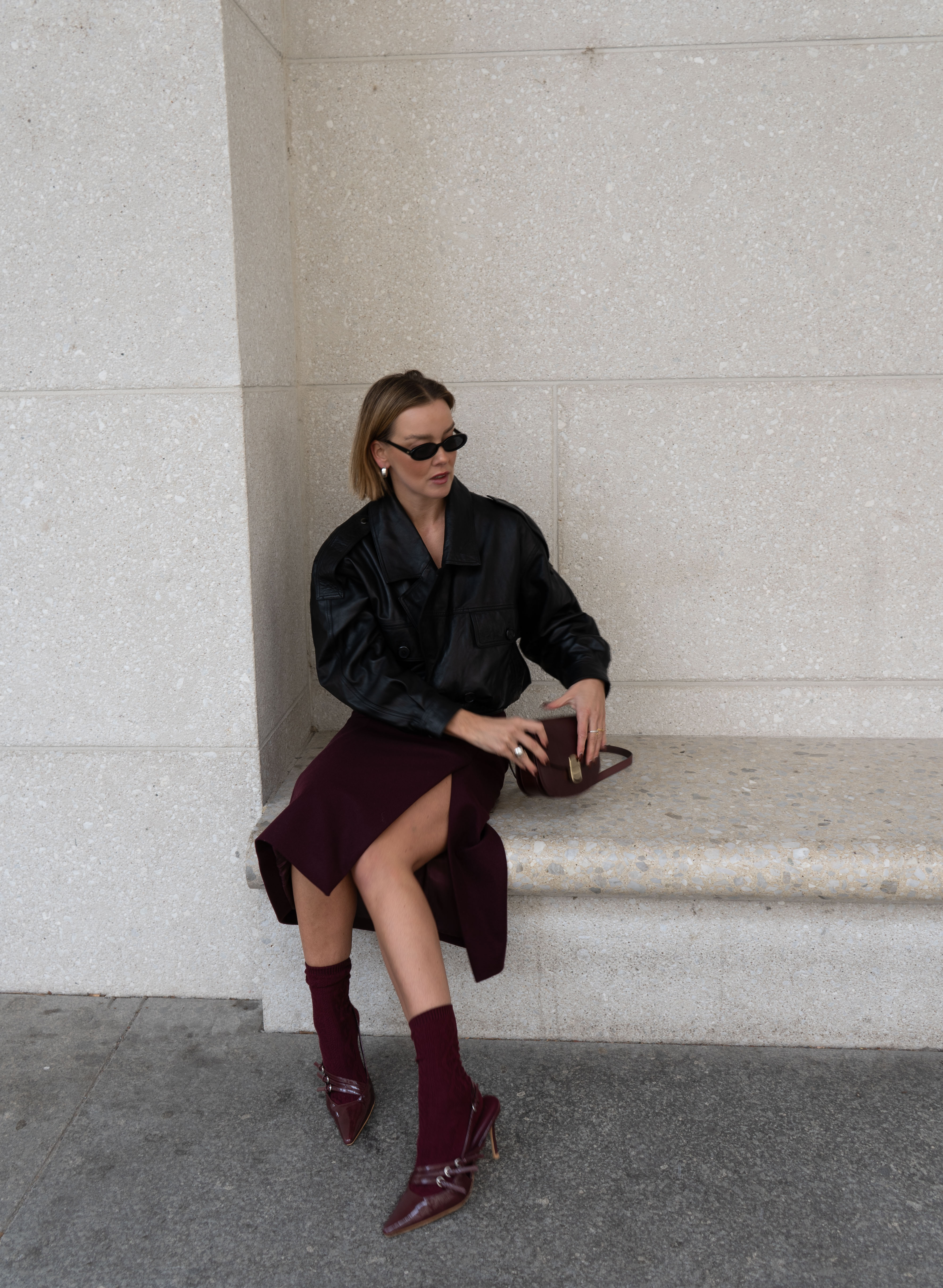 burgundy wool skirt & black leather  

 #LTKeurope #LTKwinter