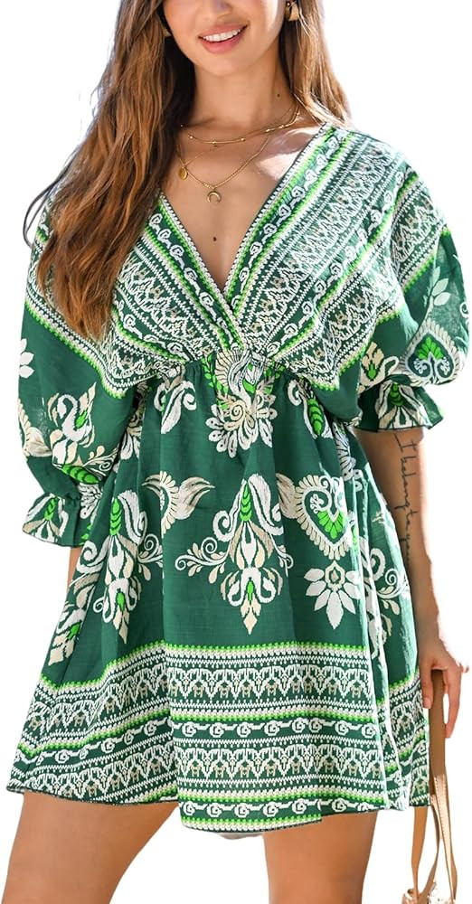 CUPSHE Women Casual Boho Sundress Summer Floral Print Tie Front Dress 3/4 Sleeves Paisley Beach M... | Amazon (US)