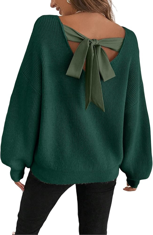 Women's Off The Shoulder Pullover Bow Tie Crew Neck Long Sleeve Sweater Cute Trendy Cozy Sweaters | Amazon (US)