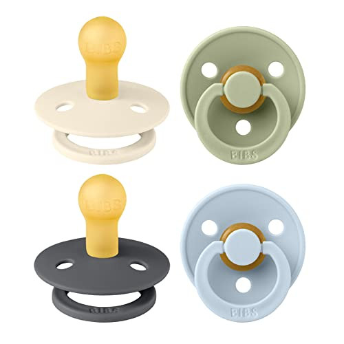 BIBS Colour Soother 4-Pack | BPA Free Dummy Pacifier | Round Nipple | Natural Rubber Latex | Made in Denmark | Size 0-6 Months | Iron Mix | Amazon (US)