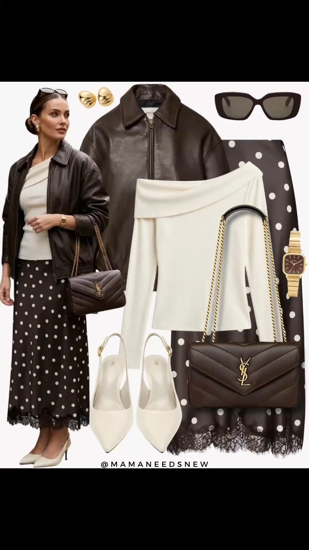 Early fall outfit with leather bomber jacket, off shoulder knit top, polka dot lace trim satin skirt, slingback heels, shoulder bag

#LTKootd #LTKSeasonal #LTKSaleAlert