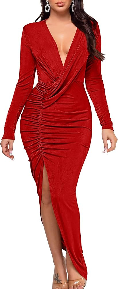 YMDUCH Women's Elegant Deep V Neck Long Sleeve Ruched Bodycon Split Party Maxi Dress | Amazon (US)