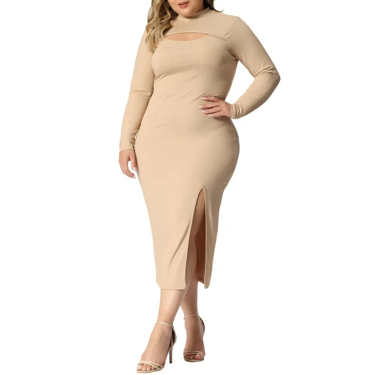 Unique Bargains Women's Plus Size Bodycon Dress Knee Slim Cut Out Dresses 4X Khaki - Walmart.com | Walmart (US)
