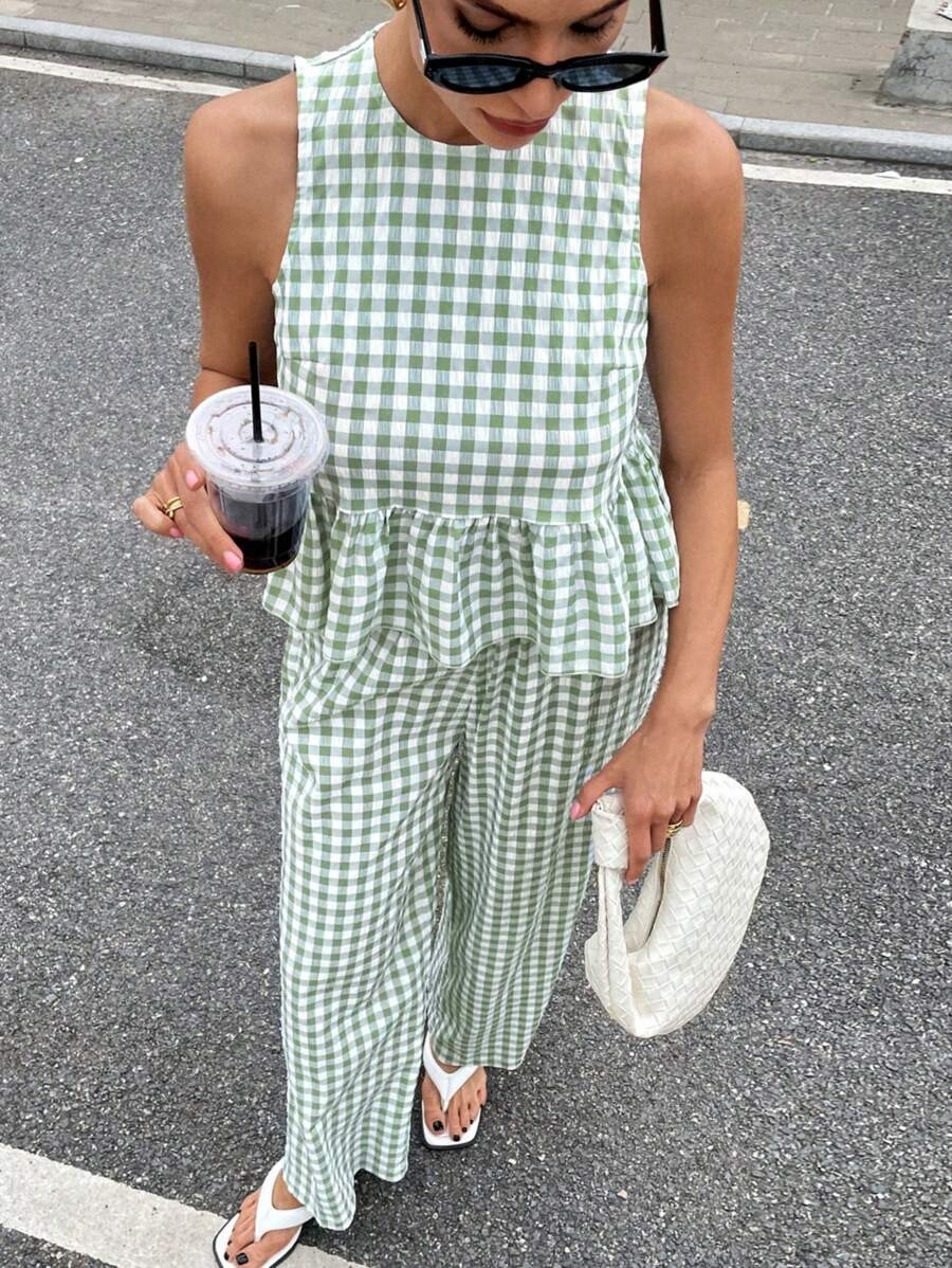 LocalSiren Gaze Boho Chic Summer Outfits For Women 2025: Mint Green Plaid Ruffle Hem Sleeveless O... | SHEIN