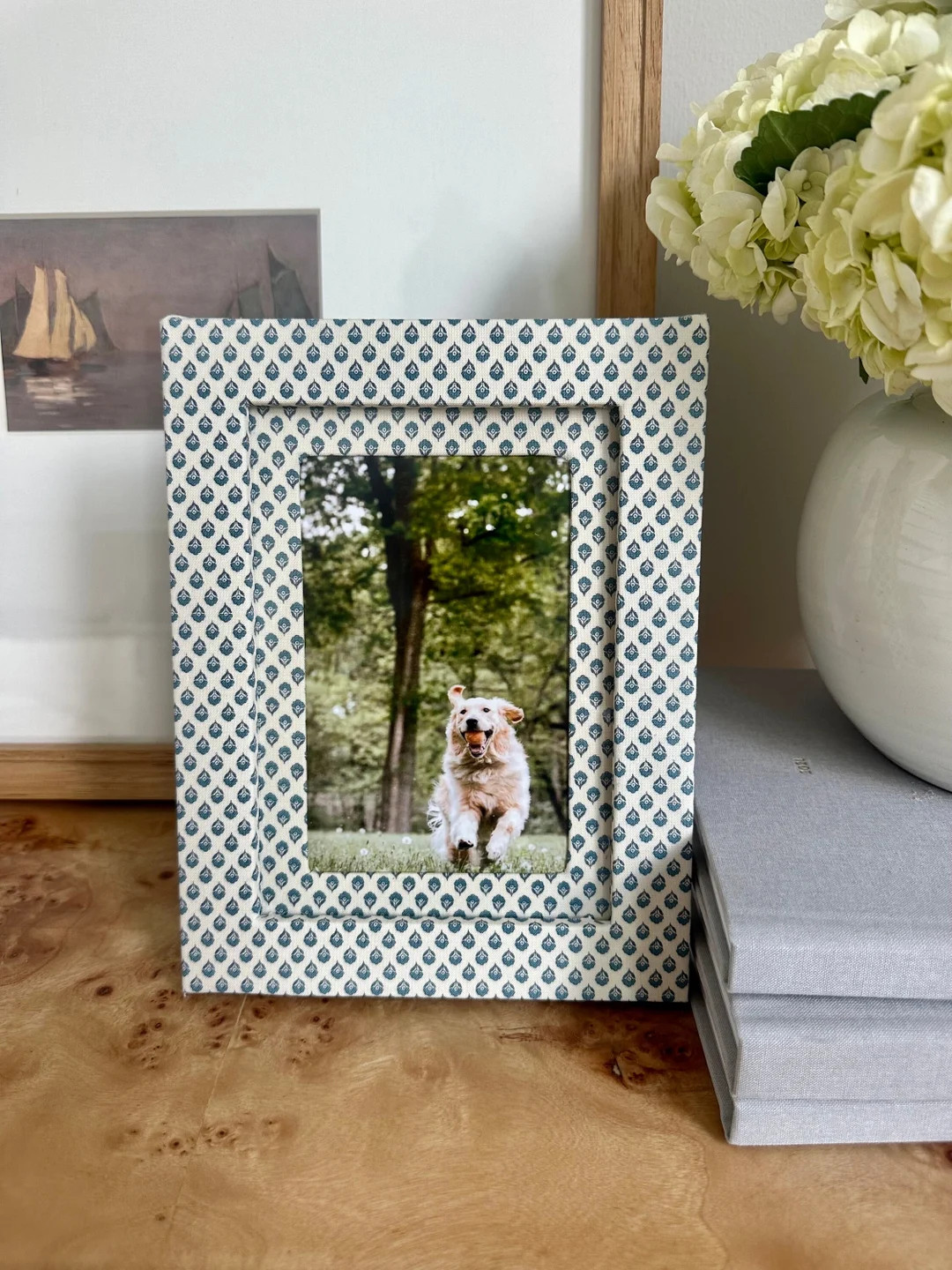 Blue & Ivory Delicate Geo Fabric Wrapped Picture Frame and Mat - 4x6 Photo - Etsy | Etsy (US)