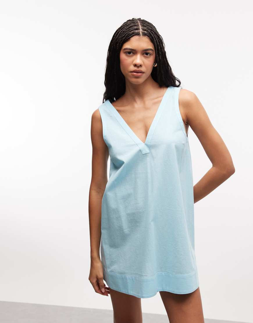 ASOS DESIGN cotton linen v neck smock mini dress in turquoise - TURQUOISE-Blue | ASOS (Global)