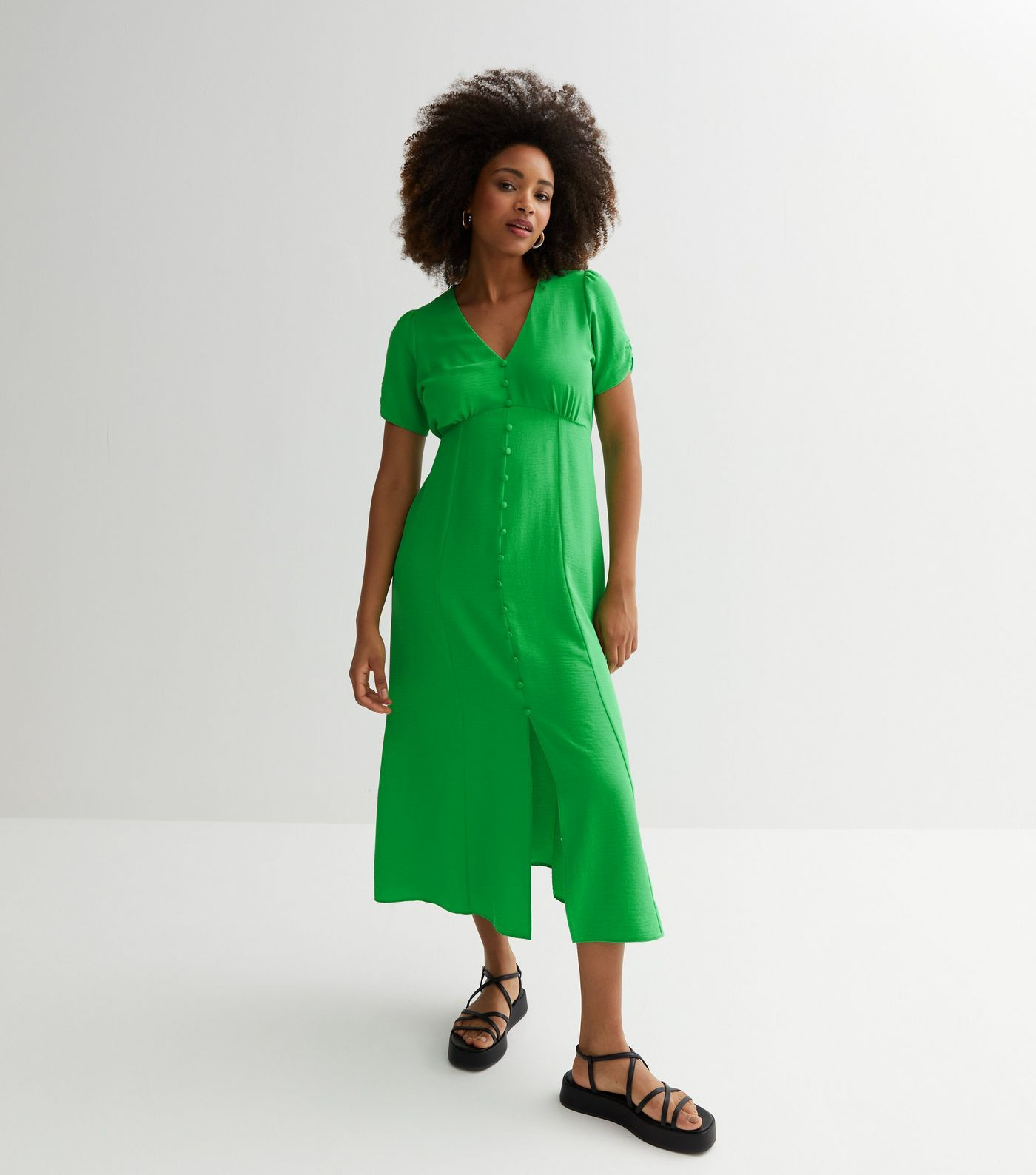 Green Ruched Puff Sleeve Button Front Midi Dress
						
						Add to Saved Items
						Remove fro... | New Look (UK)