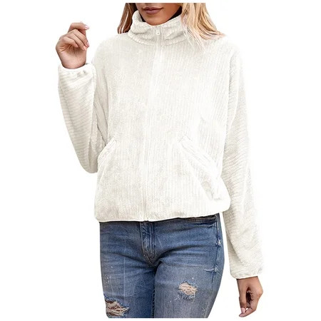 adviicd White Coat Womens Plaid Sherpa Jacket Fuzzy Fleece Hooded Coat Warm Open Front Fluffy Cardig | Walmart (US)