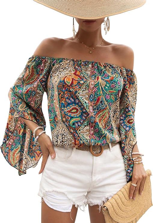 Verdusa Women's Off Shoulder Shirred Half Sleeve Loose Striped Blouse Shirt Top Paisley Green M | Amazon (US)