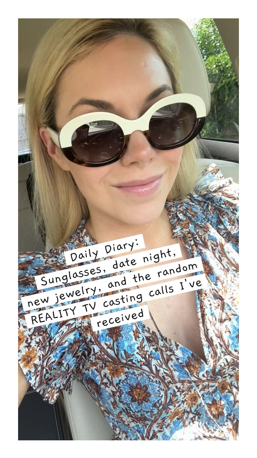 Daily Diary: sunglasses, date night dress (part of the #ltksummeredit) and a story time about the casting calls I’ve received.

Summer dress
Ulla Johnson dress (mine is sold out, linked similar)
Summer date night 
Reality TV 
Amazon
Amazon dupe 
Dior bag

#LTKStyleTip #LTKFindsUnder50 #LTKFindsUnder100