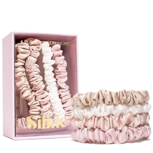 SILKIE x4 Set 100% Pure Mulberry Silk Pink Nude Neutral Skinny Scrunchies Travel Pouch Everyday Hair Ties Elastics Hair Care Ponytail Holder No Damage (Nudes) | Amazon (US)