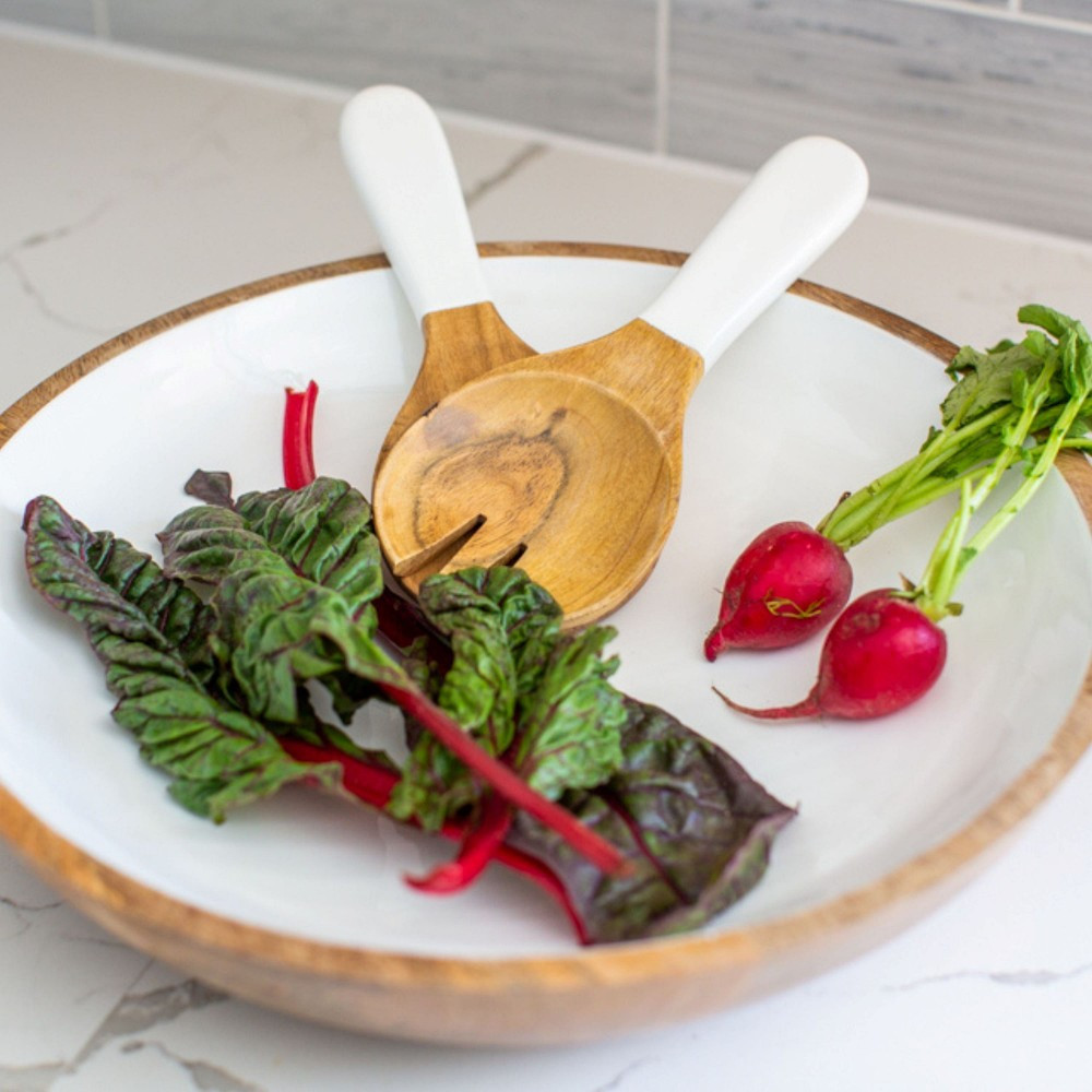 Jeanne Fitz Wood &amp; White Salad Bowl &amp; Servers Set | Williams-Sonoma