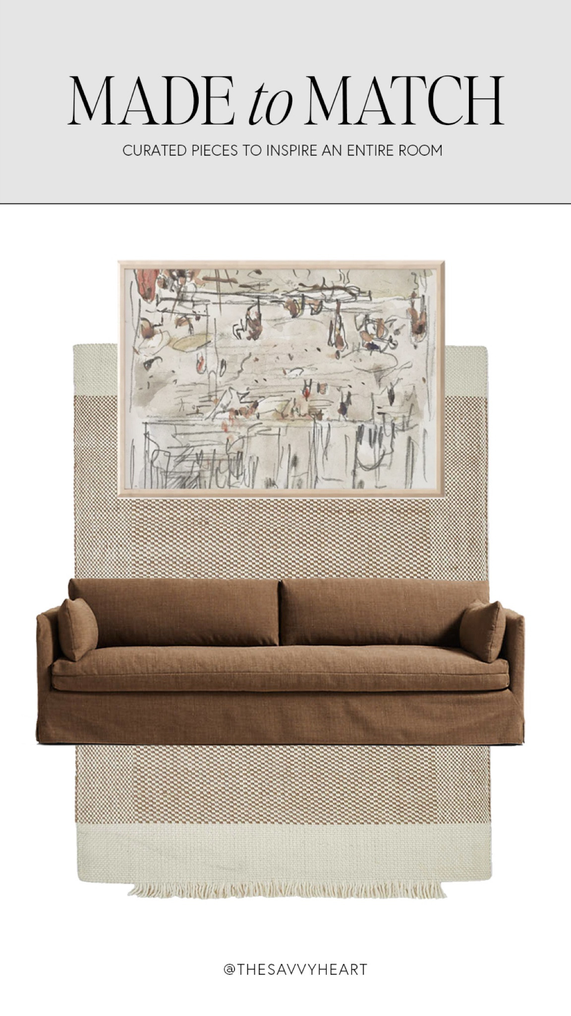 Rust and burnt orange inspired living room design. Abstract figure art, simple checkered rug and slip-covered sofa combination 