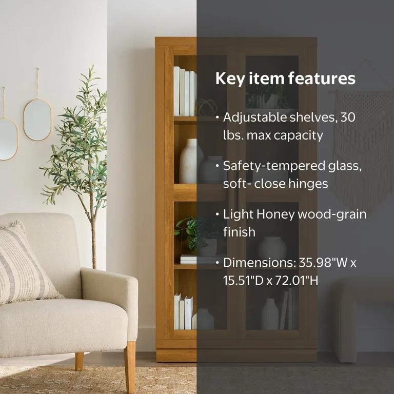 Better Homes & Gardens Ezra Glass Door Storage Accent Cabinet, Light Honey finish | Walmart (US)